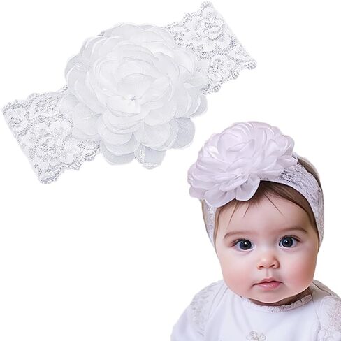 White Lace Christening Headband for Baby Girl Soft Cotton Flower Baptism Toddler Elastic Hairband Bow Newborn Infant Hair Accessories for Birthday Party (White 3, Standard size) in Kuwait