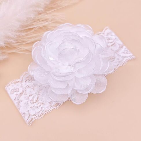 White Lace Christening Headband for Baby Girl Soft Cotton Flower Baptism Toddler Elastic Hairband Bow Newborn Infant Hair Accessories for Birthday Party (White 3, Standard size) in Kuwait