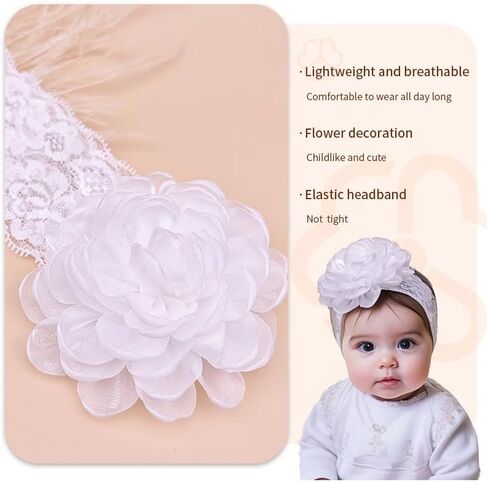 White Lace Christening Headband for Baby Girl Soft Cotton Flower Baptism Toddler Elastic Hairband Bow Newborn Infant Hair Accessories for Birthday Party (White 3, Standard size) in Kuwait