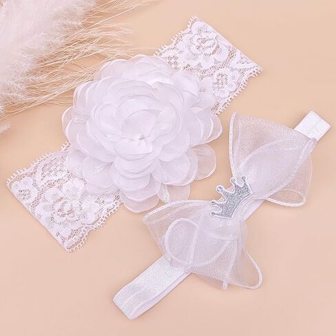 White Lace Christening Headband for Baby Girl Soft Cotton Flower Baptism Toddler Elastic Hairband Bow Newborn Infant Hair Accessories for Birthday Party (White 3, Standard size) in Kuwait