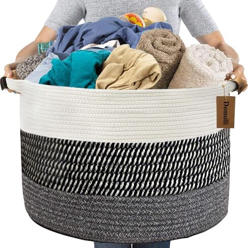 Domolli Blanket Basket, Cotton Rope Basket with Leather Handles XXXL Extra Large Laundry Basket 22" x 22" x 14" Baby Hamper Nursery Bins Woven Basket for Blankets Pillows Clothes Stuffed Toys Storage in Saudi Arabia