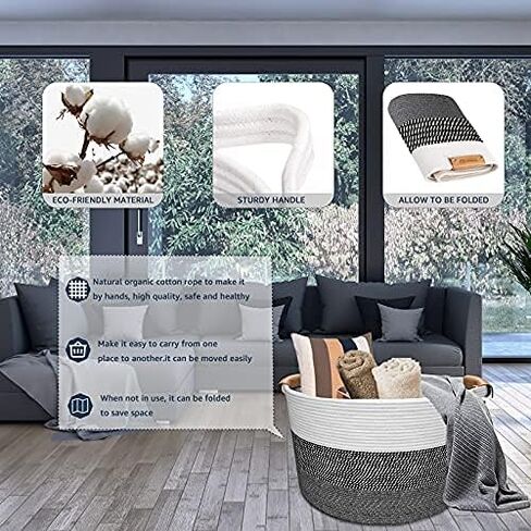Domolli Blanket Basket, Cotton Rope Basket with Leather Handles XXXL Extra Large Laundry Basket 22" x 22" x 14" Baby Hamper Nursery Bins Woven Basket for Blankets Pillows Clothes Stuffed Toys Storage in Saudi Arabia