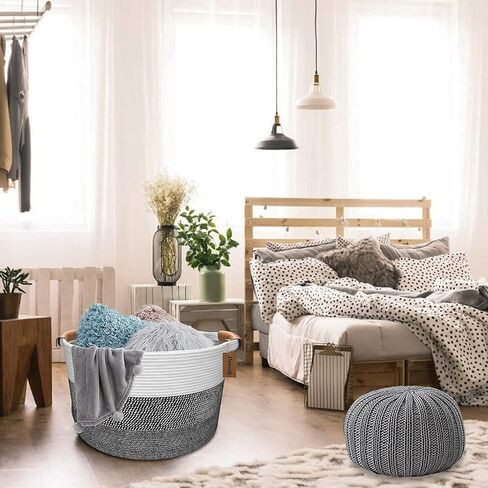 Domolli Blanket Basket, Cotton Rope Basket with Leather Handles XXXL Extra Large Laundry Basket 22" x 22" x 14" Baby Hamper Nursery Bins Woven Basket for Blankets Pillows Clothes Stuffed Toys Storage in Saudi Arabia