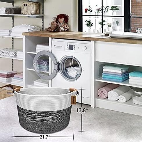 Domolli Blanket Basket, Cotton Rope Basket with Leather Handles XXXL Extra Large Laundry Basket 22" x 22" x 14" Baby Hamper Nursery Bins Woven Basket for Blankets Pillows Clothes Stuffed Toys Storage in Saudi Arabia