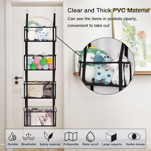 Over the Door Hanging Pantry Organizer - Closet Door Organizer Storage with 4 Large Clear Plastic Pockets & 2 Metal Hooks for Baby Kids Toys,Playroom,Nursery,Diapers,Bathroom,Kitchen,Dorm (Black) in Saudi Arabia