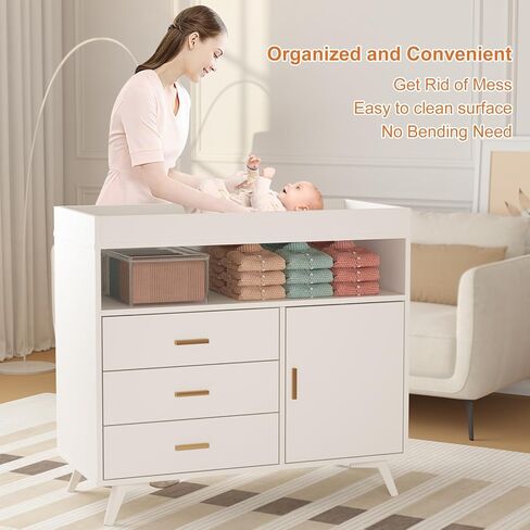 Baby Changing Table Dresser with 3 Drawers, Nursery Dresser Chest with Changing Table Top,Baby Changing Station,Wood Diaper Changing Station,Storage Changing Station Dresser in Saudi Arabia