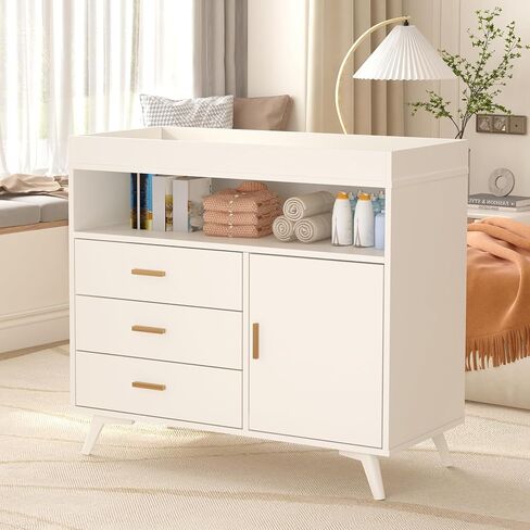 Baby Changing Table Dresser with 3 Drawers, Nursery Dresser Chest with Changing Table Top,Baby Changing Station,Wood Diaper Changing Station,Storage Changing Station Dresser in Saudi Arabia
