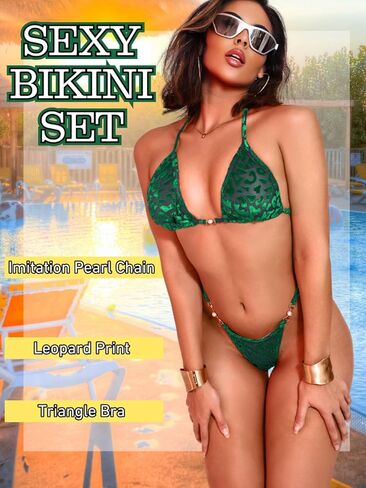 بيكيني الفهد المخملي، بدلة استحمام رفيعة بسلسلة من اللؤلؤ للنساء، مجموعة بيكيني برازيلي مثير لحفلات حمام السباحة in Kuwait