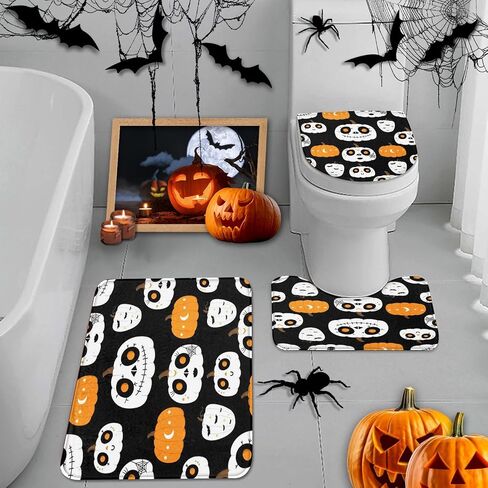 Britimes Halloween Cute Ghost Bathroom Rug Set of 3, 3 Pieces Bath Mats Set for Bathroom,Black Funny Horror No Silp Washable Cover Floor Rug Decorations for Kitchen Bathroom Bedroom in Saudi Arabia