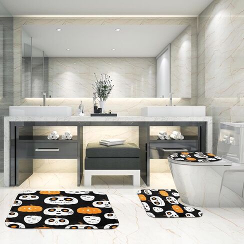 Britimes Halloween Cute Ghost Bathroom Rug Set of 3, 3 Pieces Bath Mats Set for Bathroom,Black Funny Horror No Silp Washable Cover Floor Rug Decorations for Kitchen Bathroom Bedroom in Saudi Arabia