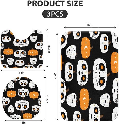 Britimes Halloween Cute Ghost Bathroom Rug Set of 3, 3 Pieces Bath Mats Set for Bathroom,Black Funny Horror No Silp Washable Cover Floor Rug Decorations for Kitchen Bathroom Bedroom in Saudi Arabia