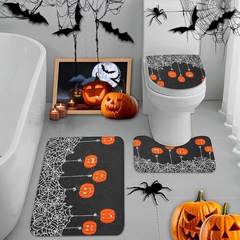 Britimes Halloween Cute Ghost Bathroom Rug Set of 3, 3 Pieces Bath Mats Set for Bathroom,Black Funny Horror No Silp Washable Cover Floor Rug Decorations for Kitchen Bathroom Bedroom in Saudi Arabia