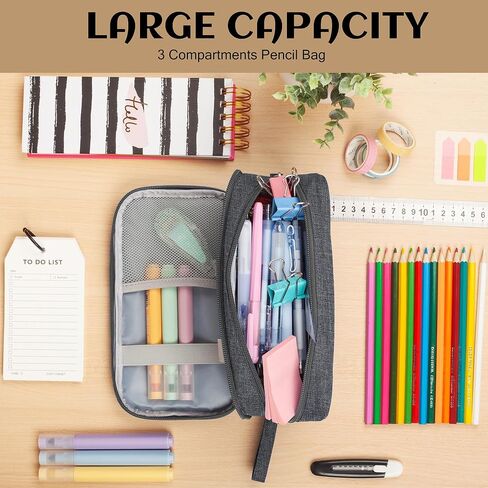 Pencil Case Big Capacity Pen Pouch Large Storage Holder Marker Pen Bag Durable 3 Compartment School Office Desk Organizer Portable Cute Zipper Stationery for Kids Teen Student Boys Girls Adults in Kuwait
