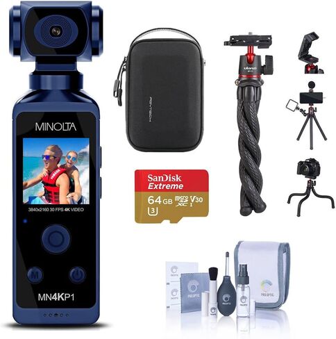 Minolta MN4KP1 4K Ultra HD Wi-Fi Enabled Pocket Camcorder, Black Bundle with 64GB microSD Card, Carrying Case, Octopus Tripod, Cleaning Kit in Saudi Arabia
