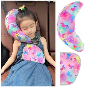 Seat Belt Cover Pad and Seatbelt Adjuster for Kids, Car Seat Strap Cover Cushion Seat Belt Adjuster Head Neck Support Travel Car Pillow for Toddler Children,Colorful