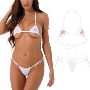 Women Micro Bikini Set Cute Cat Paw Embroidery Small Bra and Panty Set Kawaii Swimsuit Japanese Anime Triangle Lingerie