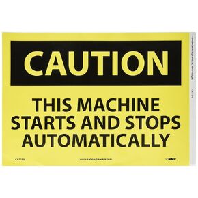 NMC C677RB OSHA Sign, Legend "CAUTION - THIS MACHINE STARTS AND STOPS AUTOMATICALLY", 14" Length x 10" Height, Rigid Plastic, Black on Yellow