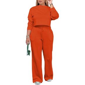 PINSV Women's 2 Piece Outfits Sweatsuit Set Long Sleeve Crop Top Drawstring Wide Leg Pants with Pockets Tracksuits