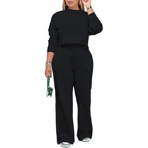 PINSV Women's 2 Piece Outfits Sweatsuit Set Long Sleeve Crop Top Drawstring Wide Leg Pants with Pockets Tracksuits