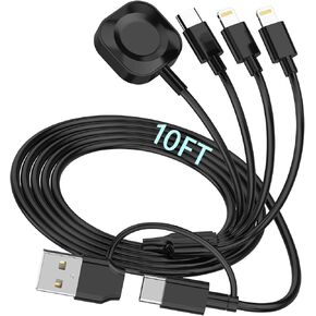 شاحن ساعة أبل 6 في 1، سلك شحن مغناطيسي 10أقدام لسلسلة iWatch SE/9/8/7/6/5، كابل شحن متعدد USB C/A إلى Lightning/Type C لهاتف iPhone 15/14/13/12/11/ برو/ماكس/جالاكسي/هواوي/بكسل