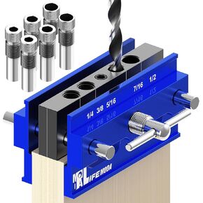 Self Centering Doweling Jig Kit, Drill Jig For Straight Holes Biscuit Joiner Set With 6 Drill Guide Bushings, Adjustable Width Drilling Guide Tool Accessory Jigs (Blue)