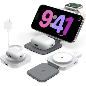 3 in 1 Wireless Charger for MagSafe, 21W Magnetic Portable Travel Charging Station Stand for Apple Devices iPhone 15/14/13/12 Series, AirPods Pro/3/2 & Apple Watch (Adapter Included)-White