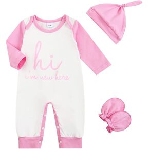 Hi I’m New Here Newborn Outfit, Baby Coming Home Clothes, Cotton Infant Romper Bodysuit Jumpsuit with Hat and Gloves