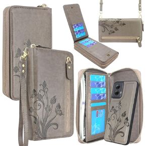 Lacass Wallet for Motorola Moto G Power 5G 2024, Crossbody Dual Zipper Detachable Magnetic Leather Wallet Case Cover Wristlets Wrist Strap 13 Card Slots Money Pocket(Floral Dark Purple)