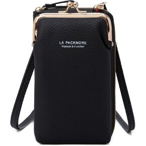 Small PU Leather Cell Phone Crossbody Bag Purses Clear Mini Phone Pouch Purse with Card Slots Compatible for iPhone/Samsung Galaxy (Black)
