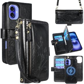 Lacass for iPhone 16 Plus 6.7 inch Detachable Crossbody Wallet Case,Compatible with MagSafe Wireless Charging, [Cards Theft Scan Protection], Magnetic Case Stand PU Leather Zipper(Floral Cyan Green)