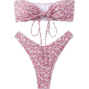 WDIRARA Women's 2 Piece Bandeau Swimsuits Floral Print Tie Front Sexy Bathing Suit High Cut Strapless Cheeky Bikini Set