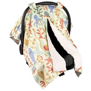Top Tots Deluxe Minky Baby Car Seat Cover - Shark and Octopus, 40 x 29 Inch White