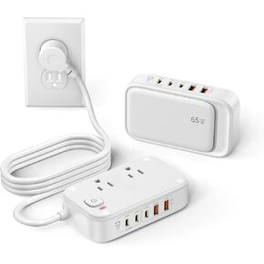 Power Strip with USB Ports, 65W USB C Charger for Laptop 6FT Flat Extension Cord Outlet Extender with 2 AC Outlets, 3 USB C Ports, 2 USB A Ports, Surge Protector Desktop USB Charging Station