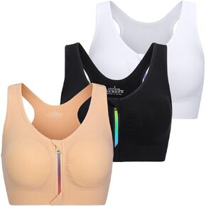 FLORATA Women's Zip Front Sports Bra Seamless Wirefree Post Surgery Bra Padded Sports Bras Yoga Bra with Removable Cups