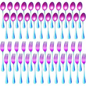 48 Pieces Rainbow Forks and Spoons Rainbow Silverware Set for 24 Colored Stainless Steel Flatware Cutlery Set for Daily Meal, Kitchen Restaurant, Dishwasher Safe