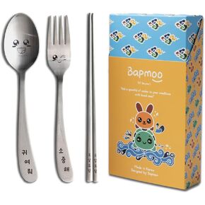 Kids Cutlery set Silverware Engraved Happy Face Korean Hangeul Character Children Flatware Cute Spoon Chopsticks Fork Stainless Steel Utensil