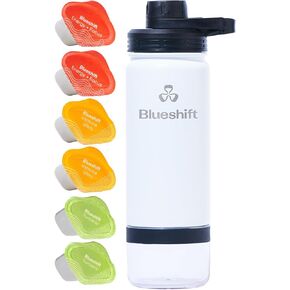 Blueshift Sidekick 18 oz Stainless Steel Water Bottle, Protein Shaker Bottle with Blend Ball, powder storage, includes 6 Superblend Supplements inside Bottle (Onyx)