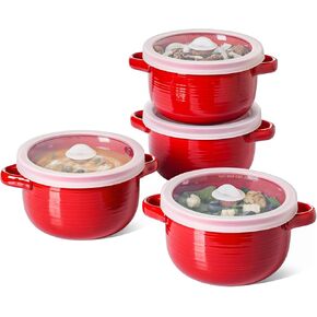 LE TAUCI Soup Bowls with Handles and Silicone Lids, 28 oz Ceramic French Onion Soup Bowls, Oven & Microwave Safe Ramen Cooker for Cereal, Chilli and Stew Beef, Non-Toxic Soup Crocks, Set of 4, White