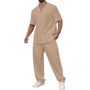 SOLY HUX Men's Plus Size 2 Piece Outfits Summer Short Sleeve Button Down Shirt and Pants Set