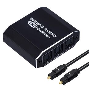Digital Optical Audio Splitter 1x3, SPDIF Toslink Optical Fiber Audio Splitter 1 in 3 Out Aluminum Alloy with Optical Cable Support Dolby Digital & DTS 5.1, PCM Stereo, LPCM