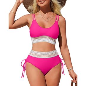 High Waisted Bikini Sets for Women Sporty Color Block Two Piece Bathing Suit Tummy Control Swimsuits Scoop Neck