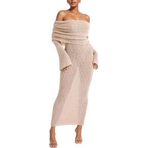 LETSVDO Women's Off Shoulder Maxi Dress Long Sleeve Bodycon Knit Crochet Mesh Sweater Sexy Vacation Party Dresses