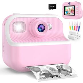 Instant Camera for Kids, Christmas Birthday Gifts for 4 5 6 7 8 9 10 Years Old Girls Kids Toys, 1080P HD Children Selfie Digital Camera, Girls Toys Toddler Video Camera with Print Paper & 32GB SD Card
