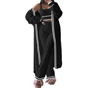 Fixmatti Women's Fuzzy 3 Piece Sweatsuit Open Front Cardigan Crop Tank Tops Wide Legs Pants Lounge Sets in Saudi Arabia