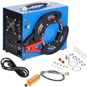 PCP air compressor, 4500psi, 300bar, 30mpa, 110VAC/12V unique vertical+wire core portable design, automatic stop, oil-free/waterless, 8mm quick connector for color bullets/PCP air rifles/tanks, Blue