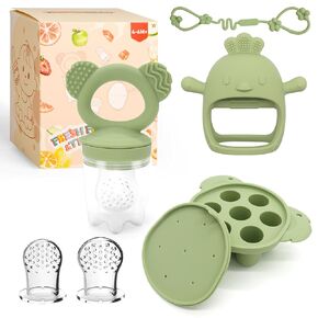Baby Teething Relief Toys, Baby Fruit/Fresh Food Feeder with Breastmilk Popsicle Molds & Baby Teether Combo Food Grade Silicon for 6M+ Breastmilk Pops, Frozen Fruit(Green)