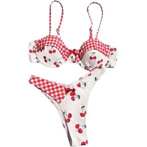 Women's 2 Piece Y2K Gingham Bow Bikini Set Cherry Underwire Bikini Thong Swimsuit High Waisted Bathing Suit Beachwear