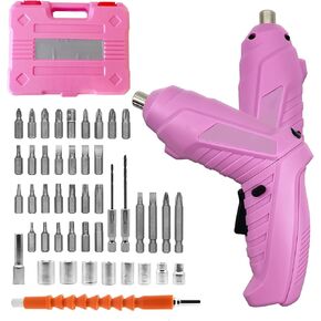 Electric Cordless Screwdriver 48pc 3.6V Power Drill Set Small Power Screwdriver Cordless USB Rechargeable Screwdriver with 2000mAh Battery 250 RPM Portable 2 Position Handle, Flexible Shaft (Pink)