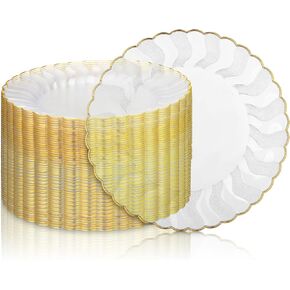 Hushee Plastic Plates with Gold Trim 6'' Small Round Party Plates Disposable Vintage Gold Rimmed Dessert Plates for Birthday Buffet Wedding Catering Celebration Reception(White, 50 Pcs)