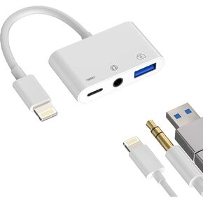 3.5mm Headphone to Lightning Jack USB Charger AUX 3in1 Cable Dongle Iphone Audio OTG Adapter for Apple 14 13 12 11 Pro Max Xr X 8 7 Plus Ipad Camera Mouse Keyboard Memory Stick Flash Drive Card Reader